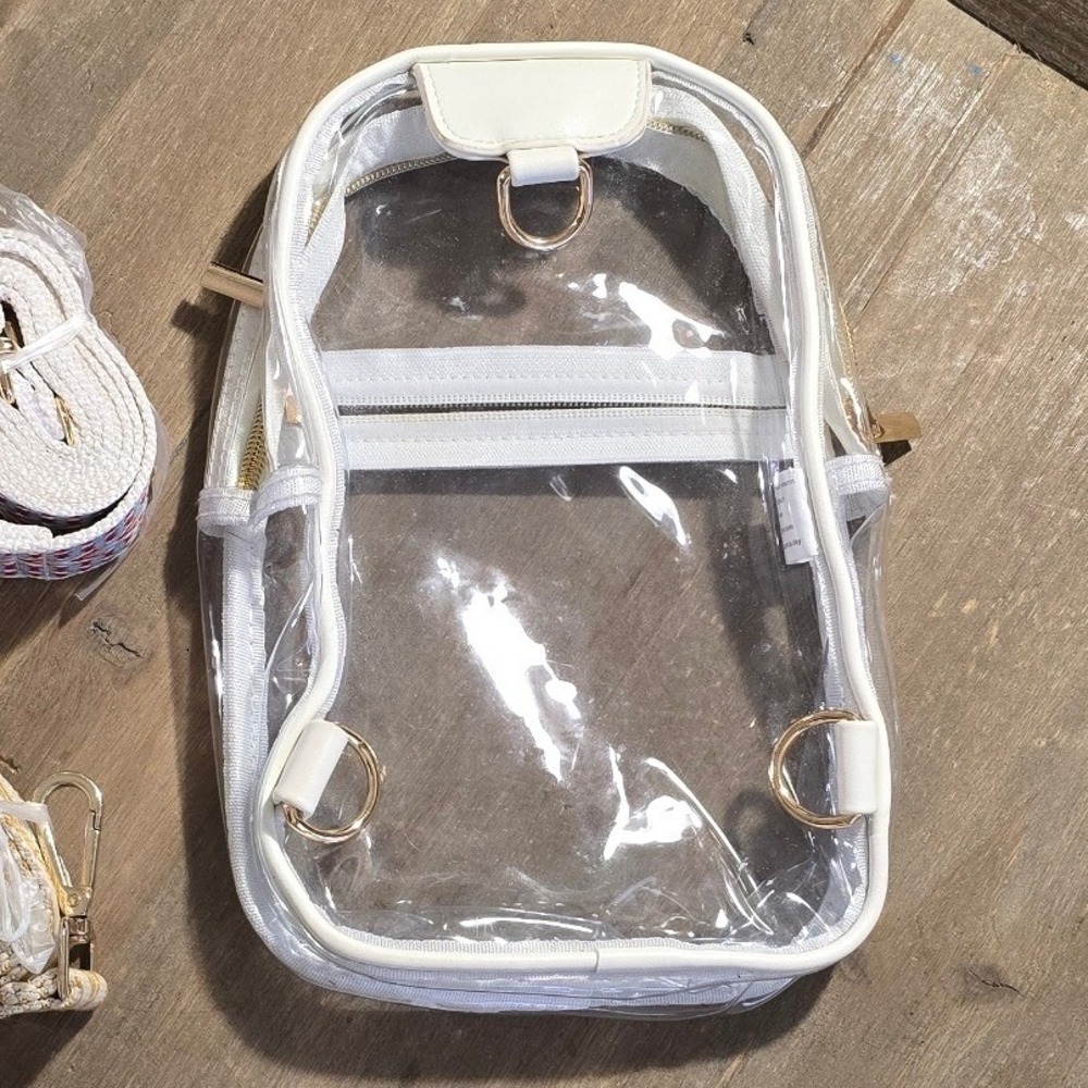 Clear Stadium Bag Convertible Backpack Crossbody with 2 Woven Straps White Trim - Picture 2 of 4